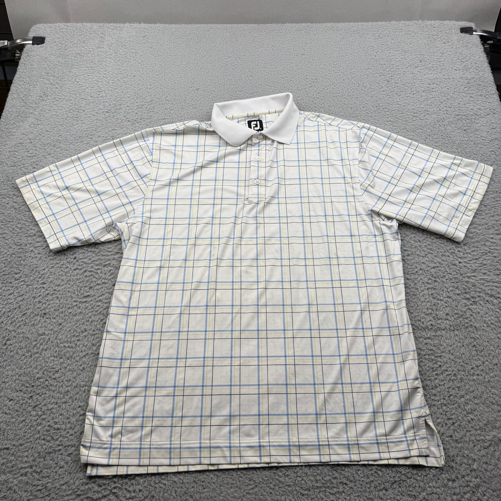 FootJoy Golf Polo Mens Large White Plaid Short Sleeve Performance Grid Shirt